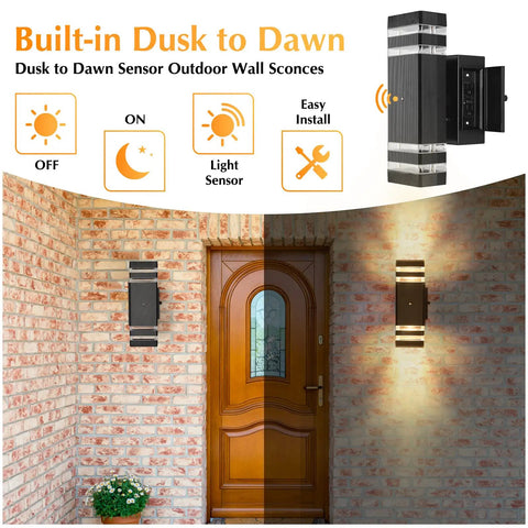 Dusk To Dawn Porch Light With Outlet And Up Down Exterior Wall Fixture illuminating brick wall by door.