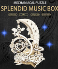 Front view of a 3D Puzzle Kit for Adults: Mechanical Music Box Model Build with intricate non-toxic plywood gears and design.