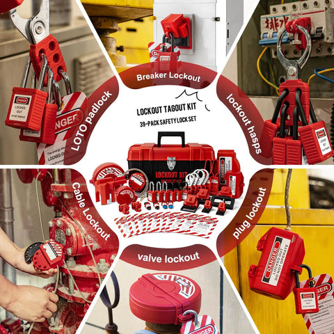Grab And Go Lockout Tagout Kit With 39 Pack OSHA Compliant Locks And Red Double Decker Toolbox For Industrial Electrical Breakers And Valves