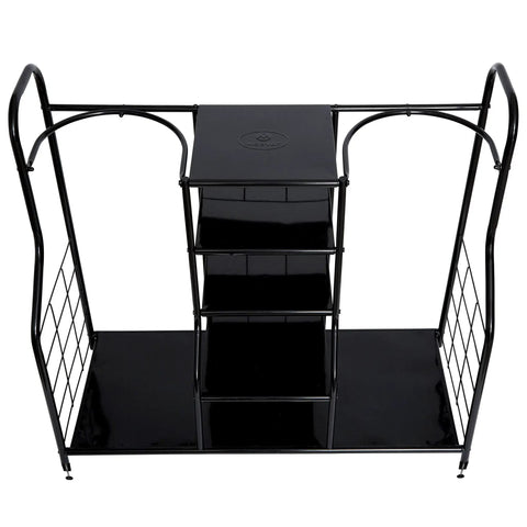 Golf Organizer For Bags And Gear With Adjustable Feet Holds Two Golf Bags And Five Metal Shelves Great Home Garage Clubhouse Storage Rack For Easy Access To Your Clubs And Accessories Easy Assembly displayed.