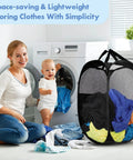 Woman and baby with a Pop Up Laundry Hamper 70L Collapsible Mesh Bin next to a washing machine in a laundry room.