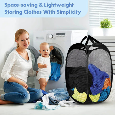 Woman and baby with a Pop Up Laundry Hamper 70L Collapsible Mesh Bin next to a washing machine in a laundry room.