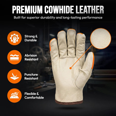Hi Vis Leather Work Gloves With Orange Tips For Extra Large Hands, Watch Your Hands, Split Cowhide Leather With Keystone Thumb, shown with features