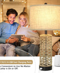Rattan Table Lamps Set Of 2 With Dual USB Ports And Rotary Switch Boho Cream Fabric Shade Nightstand Lamps for cozy room.