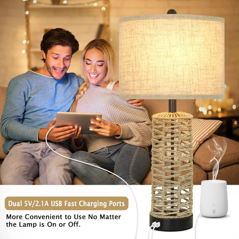 Rattan Table Lamps Set Of 2 With Dual USB Ports And Rotary Switch Boho Cream Fabric Shade Nightstand Lamps for cozy room.