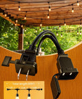105 Ft Outdoor String Lights With 1W Dimmable S14 Bulbs, Commercial Grade Heavy Duty Waterproof Patio Bistro Market Lighting In Warm White displayed on a wooden pergola with power connectors.