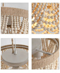 Close-up of Boho Beaded Flush Mount Ceiling Light 3 Light Fixture in rustic antique white wood beads, warm glow detail.