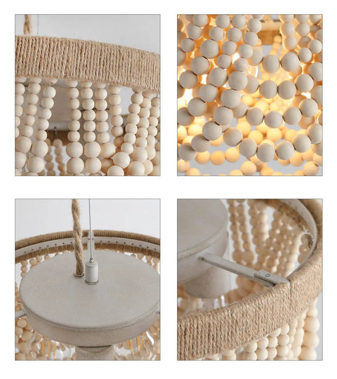 Close-up of Boho Beaded Flush Mount Ceiling Light 3 Light Fixture in rustic antique white wood beads, warm glow detail.