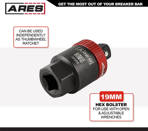 3/8-Inch Drive Ratcheting Breaker Bar Adapter Converts Breaker Bar Or Sliding T-Handle Into a 24-Tooth Ratchet, 19mm Hex Bolster