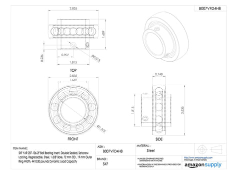 Tough As Nails Heavy Duty Ball Bearing Insert dimensions, steel construction, double sealed design and setscrew locking.