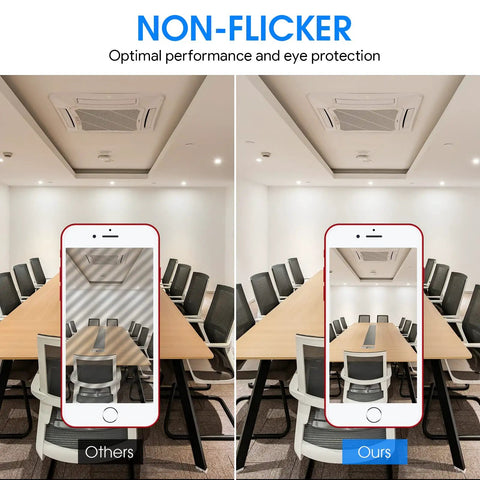 Comparison of meeting rooms with Dope Vibrant LED Recessed Can Lights 6 Inch Retrofit Downlight With Dimmable Trim and regular lights.