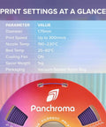 Panchroma Matte Pastel Periwinkle PLA Filament For 3D Printing, 1.75mm, 1Kg Spool with print settings and specifications chart