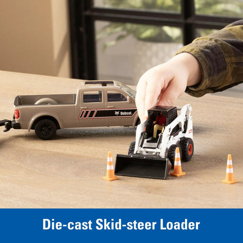 Child playing with One Thirty Two Scale Die Cast Skid Steer And Pickup Truck Construction Toy Set With Trailer And Cones Plus Worker Figure