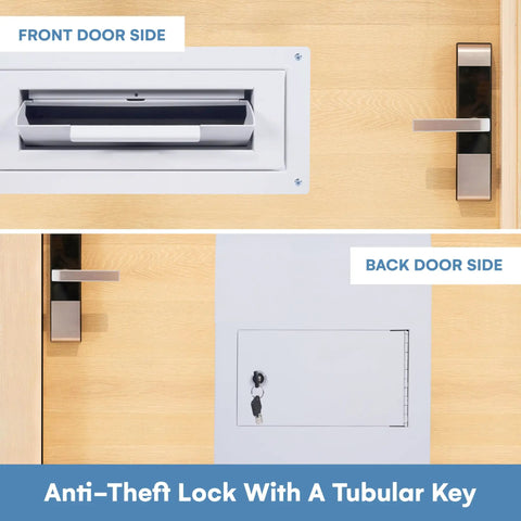 Through The Door Locking Key Drop Box Heavy Duty Rainproof Mail Slot for Business with front and back door view