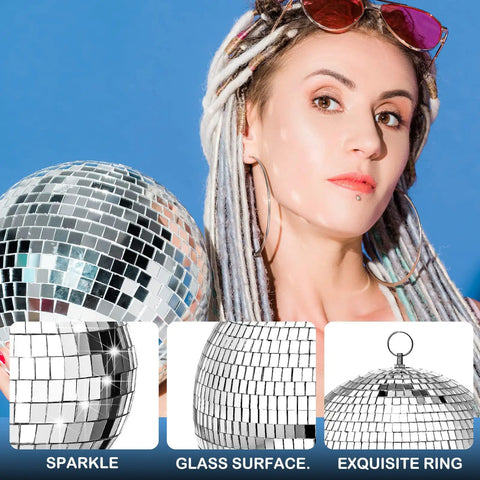 Person holding 65 Piece Disco Ball Decor Set With Mixed Size Reflective Hanging Mirror Orbs for Weddings and Parties