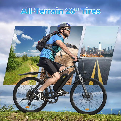 Powerful 750W Electric Bike For Adults, City Cruiser with 26 inch tires, cyclist on road and grass terrain background