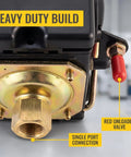 Heavy Duty One Port Air Compressor Pressure Switch With Built In Relief Valve And Automatic 95 To 125 Psi Cut On Off Control For Straight Shot Shop Repairs Rock Solid And Dead Reliable Swap showing brass inlet and unloader valve.