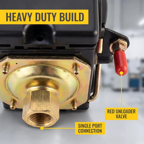 Heavy Duty One Port Air Compressor Pressure Switch With Built In Relief Valve And Automatic 95 To 125 Psi Cut On Off Control For Straight Shot Shop Repairs Rock Solid And Dead Reliable Swap showing brass inlet and unloader valve.
