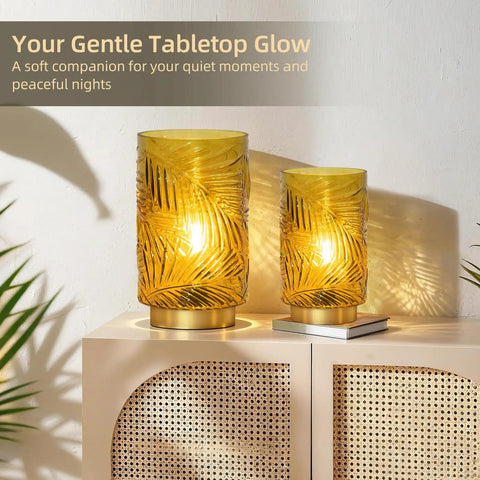 Cordless Battery Powered Table Lamp With LED Bulb And Timer delivers a lit glow leaf-veined glass yellow lamp on dresser