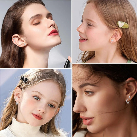 Hypoallergenic Surgical Steel Flat Back Earrings Set For Women And Girls 10 Pairs Of Cute Studs Huggie Hoops And CZ Hoop Staples With Balls Hearts Stars And Flowers Comfy All Day Jewelry Collection, girls wearing small studs and hoops