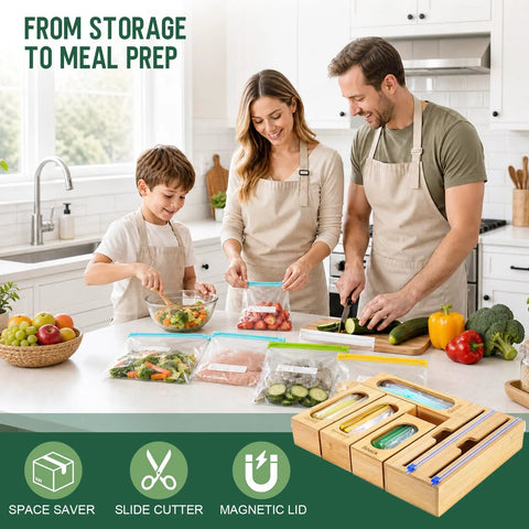 Premium Bamboo Kitchen Drawer Organizer With Five Slots For Snack Quart And Gallon Bags Plus Foil And Wrap Holder To Keep Your Drawers Totally Clutter Free And Ready To Go