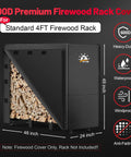 4 Ft Firewood Rack Cover 600D Waterproof Heavy Duty Weatherproof Outdoor Log Holder Fits 48 X 24 X 49 Inch Racks For Standard 4 Foot Wood Stands No Fuss Universal Fit showing detailed features including waterproof, heavy-duty, windproof, and dimensions of 48 x 24 x 49 inch