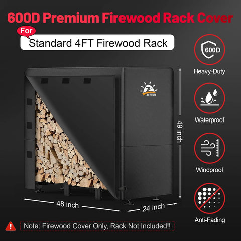 4 Ft Firewood Rack Cover 600D Waterproof Heavy Duty Weatherproof Outdoor Log Holder Fits 48 X 24 X 49 Inch Racks For Standard 4 Foot Wood Stands No Fuss Universal Fit showing detailed features including waterproof, heavy-duty, windproof, and dimensions of 48 x 24 x 49 inch