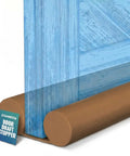 Kick Those Stubborn Drafts With This Adjustable Under Door Draft Stopper And Door Sweep Gap Filler Blocking Cold Air Noise And Dust Keeping Homes Comfy In Deep Brown, close-up of door draft stopper on blue door.