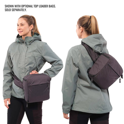Sidecountry 32 Camera Backpack With Modular Top Loader Inserts Black And White worn across chest and back, outdoor gear view