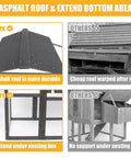 Comparison of durable wooden chicken coop asphalt roof and base design for backyard use with 2 to 3 hens.