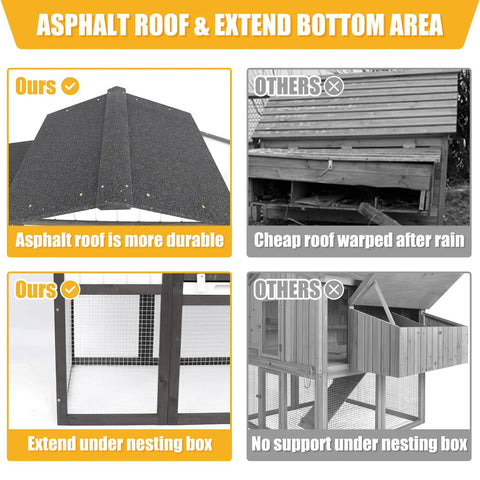 Comparison of durable wooden chicken coop asphalt roof and base design for backyard use with 2 to 3 hens.