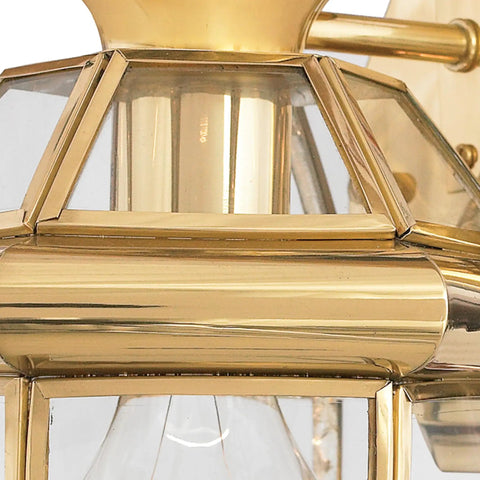 Close-up of Newbury Outdoor Wall Lantern 12 Inch 1 Light Polished Brass Sconce With Clear Beveled Glass French Country Exterior Light