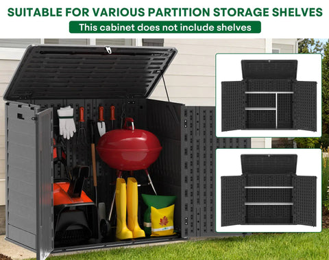 30 Cu Ft Waterproof Horizontal Resin Outdoor Storage Cabinet With pad-lockable doors, open view showing interior space and tools.