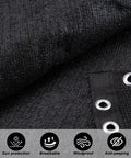 Heavy Duty 3x50 HDPE Privacy Fence Screen, black, showing grommets and material texture, includes Privacy Fence Screen 3 Feet By 50 Feet Heavy Duty HDPE Mesh Shade Cover For Outdoor Yard Wall Garden Backyard Black Finish With Cable Zip Ties Included And Easy To Install icons for benefits.