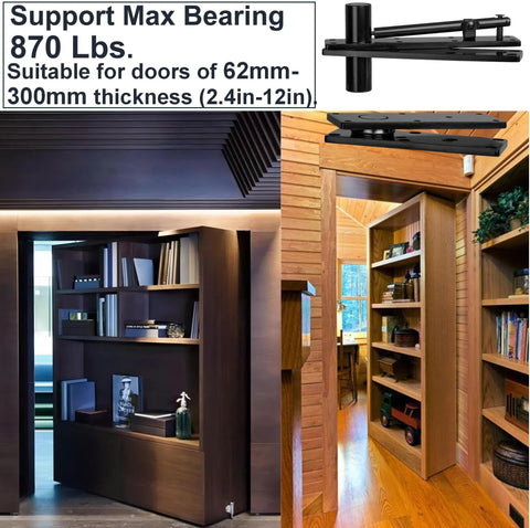 Hidden Pivot Hinge For Secret Doors And Hidden Bookcases Thickened Rock Solid Heavy Duty Steel Hardware With 870 Lbs Load Bearing 360 Degree Rotation Smooth Bearing Design Rust Resistant Patented shown installed on a wooden bookcase.