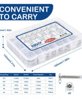 600-Piece Stainless Steel Wood Screws Set With 18 Sizes From 4 To 12, 3/8 Inch To 1-1/2 Inch, Phillips Pan And Flat Heads, Self-Tapping Coarse Threads, Assorted Wood Screws For DIY, Home Improvement, Cabinetry, And General Projects. Clear storage box with labeled compartments and size chart