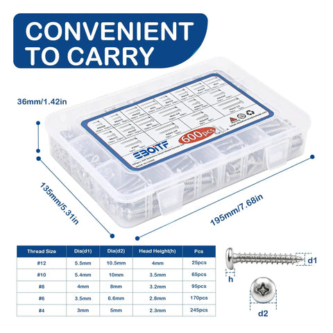 600-Piece Stainless Steel Wood Screws Set With 18 Sizes From 4 To 12, 3/8 Inch To 1-1/2 Inch, Phillips Pan And Flat Heads, Self-Tapping Coarse Threads, Assorted Wood Screws For DIY, Home Improvement, Cabinetry, And General Projects. Clear storage box with labeled compartments and size chart