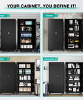 Heavy Duty Metal Rolling Storage Cabinet with Locking Wheels 75 Inch Tall Garage Organizer with Shelves Black Steel Cabinet On Casters for Home Shop Office Mobile Tool Locker Beefed Up to Tackle Big Jobs shown in garage, kitchen, office, living room settings