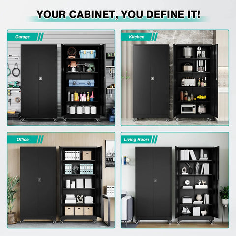 Heavy Duty Metal Rolling Storage Cabinet with Locking Wheels 75 Inch Tall Garage Organizer with Shelves Black Steel Cabinet On Casters for Home Shop Office Mobile Tool Locker Beefed Up to Tackle Big Jobs shown in garage, kitchen, office, living room settings