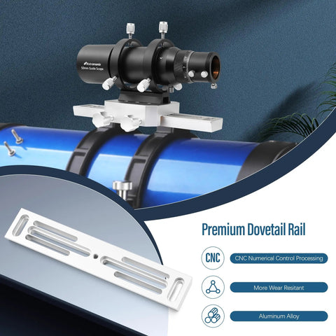Beefy Deluxe Dovetail Mount Plate For Telescopes And Guidescope, Vixen Style Rail, 228mm Length in use on telescope