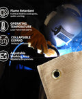 Welder using Beefy Heavy Duty Welding Blanket 6x8 Ft Fiberglass Curtain with grommets, showing flame retardant features and heat resistance.