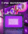 2 Pack 60W LED Black Light Flood Lights With Plug, IP66 Waterproof for glow parties and outdoor use displayed in rainy conditions