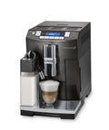 Real Deal Fully Automatic Espresso Machine With Single Touch Lattecrema Setup For Creamy Cappuccino Foam Black Coffee Maker with milk container and foam.