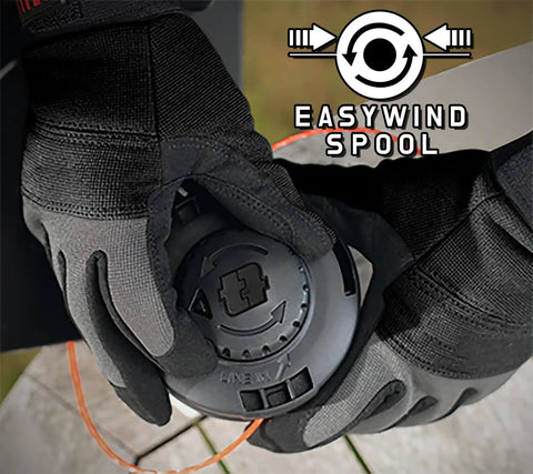 Close-up of hands showing spool for Cordless Weed Trimmer And Edger With 21V Power 13 Inch Cutting Swath Brushless Motor Dual Battery Pack 2x4Ah