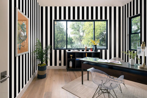 Black And White Stripe Peel And Stick Wallpaper Self Adhesive Removable Contact Paper Waterproof Vinyl in a modern office setting