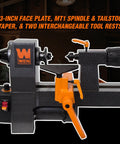WEN mini benchtop wood lathe, front view, 8-in by 13-in, variable speed with orange tailstock and tool rest.