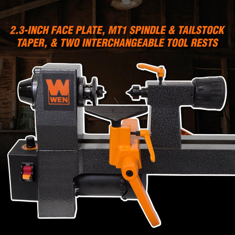 WEN mini benchtop wood lathe, front view, 8-in by 13-in, variable speed with orange tailstock and tool rest.