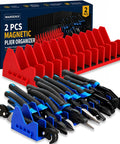 Low Profile 24 Slot Pliers Organizer Rack With Magnetic Base For Toolbox Drawers 2 Pack, red and blue, with hand tools displayed.
