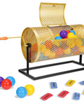 Gold metal raffle drum spinner on black stand with wooden crank; holds up to 2500 tickets
