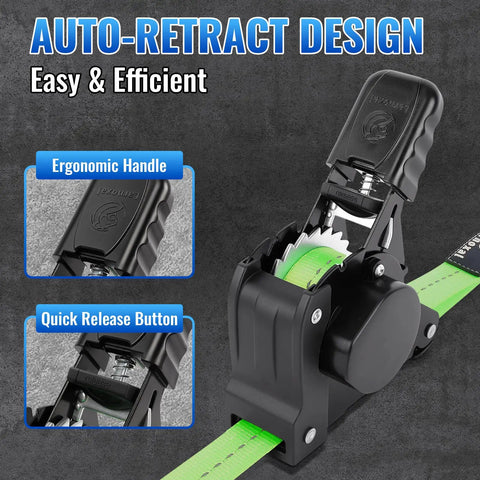 Heavy Duty Ratchet Straps One Inch By 10 Feet Four Pack Green 1500 Lb with ergonomic handle and quick release button.